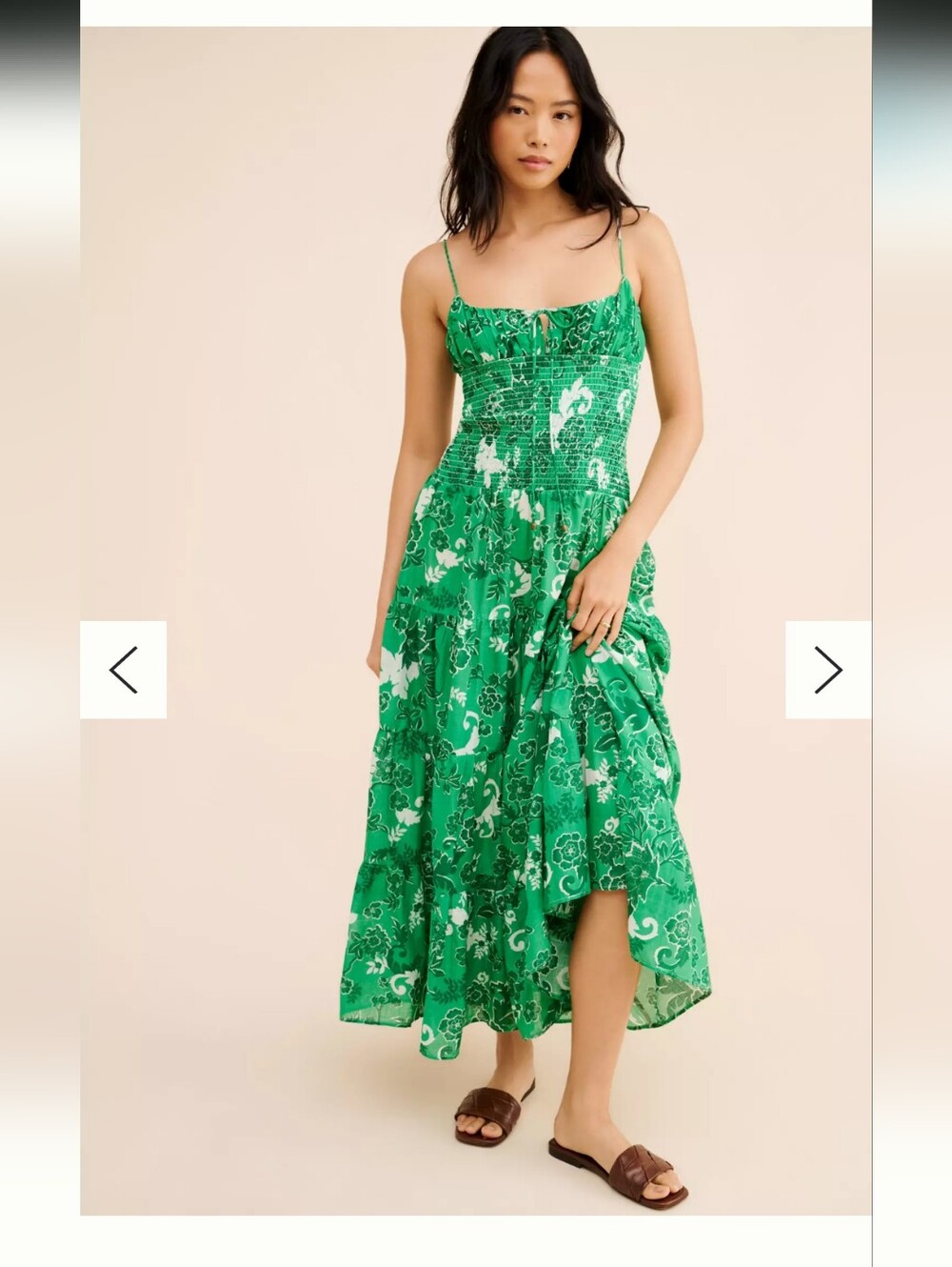 Anthropologie Smocked Drop Waist Green Floral Maxi Dress Sz M